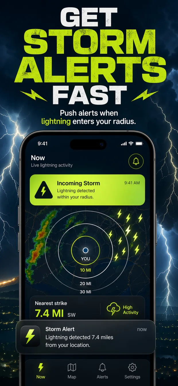 Lightning Tracker iPhone app showing fast storm alerts for nearby lightning.
